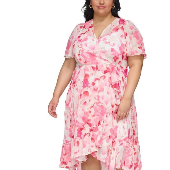 Calvin Klein Pink Floral Plus Size Wrap Dress Sheer Short Sleeves Zipper Back Ru - Picture 1 of 6
